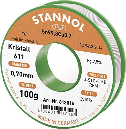 Stannol 813015 Lötdraht Kristall 611 2,5prozent 0,7mm FLOWTIN TC (Sn99,3Cu0,7) Fairtin 100g Spule von Stannol