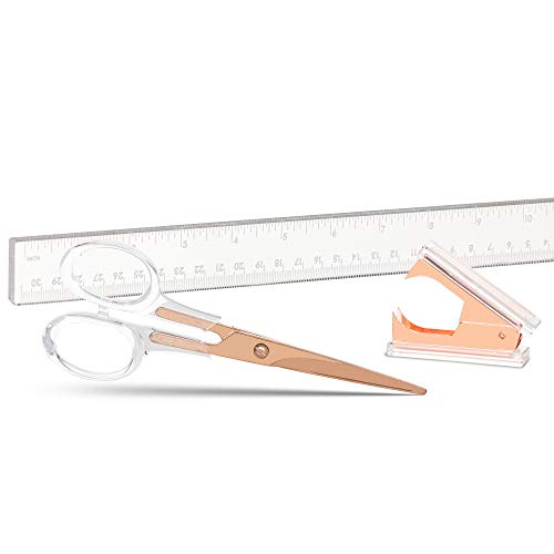 Staple & Stick Heftklammer | Schreibwaren Schreibtischzubehör | Schere, Heftklammerentferner Lineal Set | Roségold klares Acryl Lucite | Schreibtischzubehör | Büro Geschenkset |Roségold| von Staple & Stick