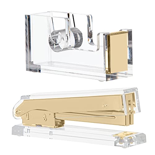 Staple & Stick Office Supplies Designer - Acryl Lucite Gold Hefter & Klebebandspender - Eleganter Goldbandabroller & Hefter Geschenkset - Schickes Bürohefter & Klebebandabroller Gold von Staple & Stick