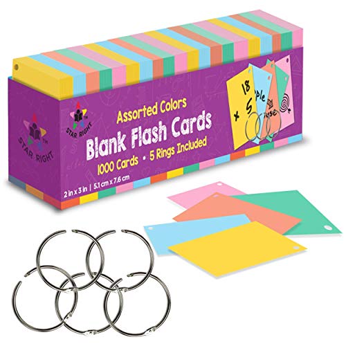 Star Right Blank Flash Cards: 2"x3" Assorted Coloured Index Cards with Metal Binder Rings, Essential Revision Supplies, Study Cards, Creating Custom Flashcards, and More - Set of 1000 von Star Right