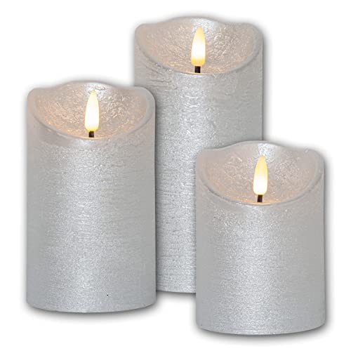 LED Echtwachskerze "3D FLAMME RUSTIC" 3er Set, silber, Timer, Höhe 1x 10cm/1x 12,5cm/1x 15cm, Durchmesser 7,5cm, batteriebetrieben, Flackereffekt von Star