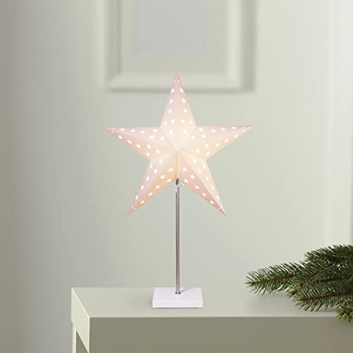 Tischlampe Weihnachtsstern Leo von Star Trading, 3D Papierstern Weihnachten in Weiß mit Fuß aus Holz und Metall, Dekostern Tischleuchte mit Kabelschalter, E14, Höhe: 65 cm von Star