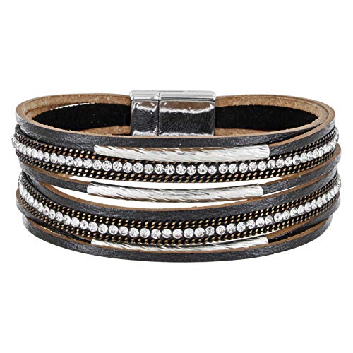 StarAppeal Armband Lederarmband mit Strass, Ketten und Schmuckelementen, Magnetverschluss Silber, Damen Armband (Schwarz), 19 centimeters von StarAppeal