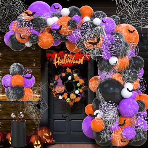 Halloween-Ballon-Girlandenbogen-Set, 130 Stück Halloween-Party-Ballons mit Spinnennetz, Fledermäuse-Aufkleber, violett-orange und schwarze Luftballons für Halloween-Party-Dekorationen, Halloween, von Staraise