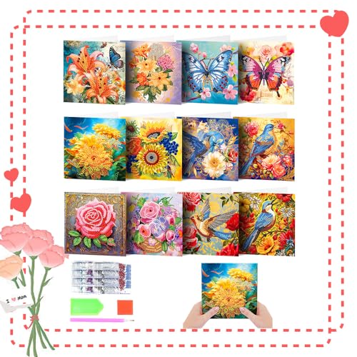 Starnearby 12 Stücke Weihnachten Diamond Painting Set Weihnachten Karten DIY Diamant Painting Malerei Geschenkkarte Handgefertigte Grußkarten Weihnachtskarte Strass Handwerk Grußkarte(Blumen Vögel) von Starnearby