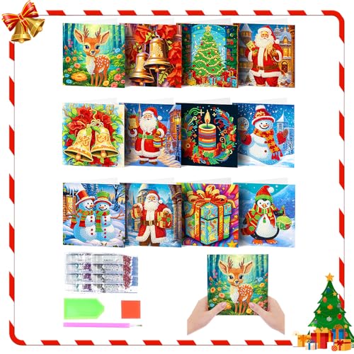 Starnearby 12 Stücke Weihnachten Diamond Painting Set Weihnachten Karten DIY Diamant Painting Malerei Geschenkkarte Handgefertigte Grußkarten Weihnachtskarte Strass Handwerk Grußkarte(Weihnachten B) von Starnearby