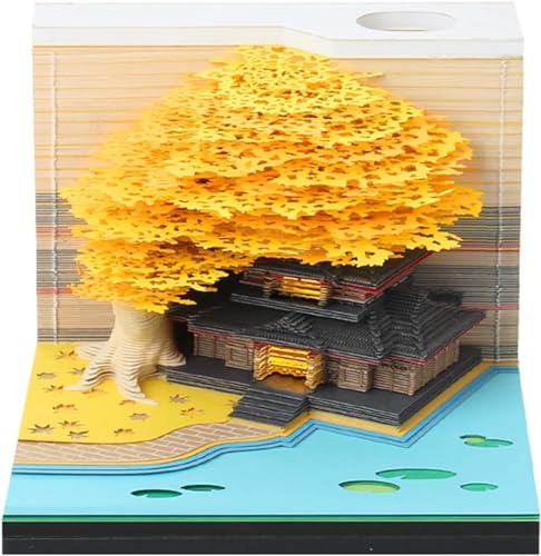 Starnearby 3D-Notizblock, 3D Kalender Abreißen 2025, 2025 Tischkalender-Notizblock mit Licht, Kreative Magic Baum Haftnotizen, Papierskulptur Desktop Ornament (Gelb Baum mit Licht) von Starnearby