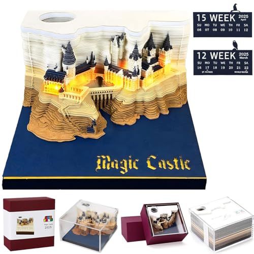 Starnearby 3D-Notizblock, 3D Kalender Abreißen 2025, 2025 Tischkalender-Notizblock mit Licht, Kreative Magic Castle Haftnotizen, Papierskulptur Desktop Ornament (Schloss mit Licht) von Starnearby