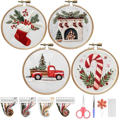 Starnearby 4 Sets Weihnachten Sticken Set Erwachsene Weihnachtsmuster Stickset für Anfänger Embroidery Kit DIY Cross Stitch Kit Kreuzstich Set mit Werkzeug Weihnachten Geschenk für Frauen (B) von Starnearby