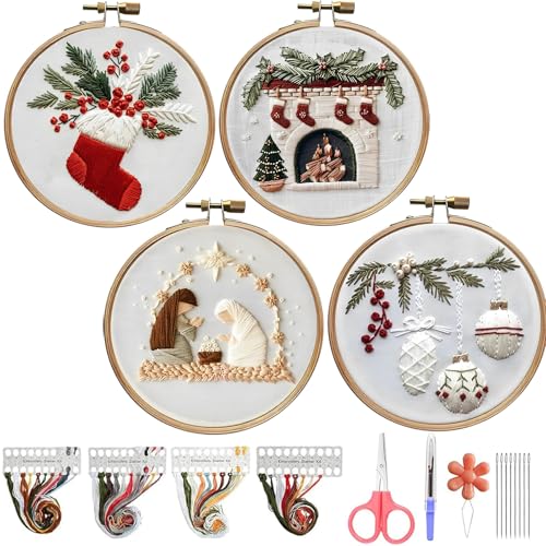 Starnearby 4 Sets Weihnachten Sticken Set Erwachsene Weihnachtsmuster Stickset für Anfänger Embroidery Kit DIY Cross Stitch Kit Kreuzstich Set mit Werkzeug Weihnachten Geschenk für Frauen (D) von Starnearby