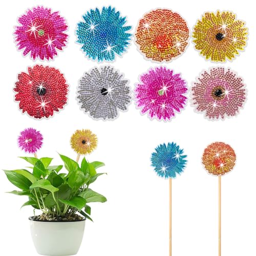 Starnearby 8 Pcs Blumen Diamond Painting Kits, Diamond Painting Gartenstecker, Blumen Stakes Diamant Kunst Set, Diamant Painting Basteln Ornaments für Garten Dekor Zubehör von Starnearby