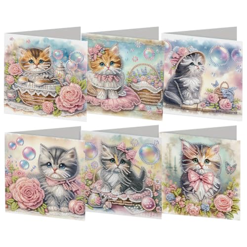 Starnearby DIY Diamond Painting Karten, 6 Stück 5D Diamond Painting Grußkarten, Geburtstagskarten Set Weihnachtskarten, Diamant Painting Blumen Postkarten für Hochzeit (Katzen 1) von Starnearby