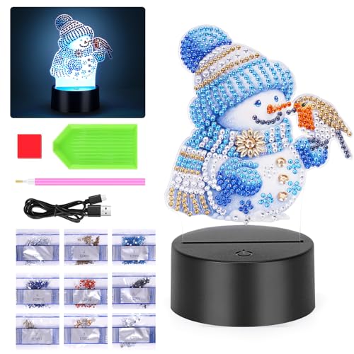 Starnearby DIY Diamond Painting Schneemann Lampe, Doppelseitig Diamond Painting Nachtlicht Bastelset Mädchen, Diamond Painting Weihnachten Deko Diamantmalerei Kunst Set Ornamente Hausgeschenk Deko von Starnearby