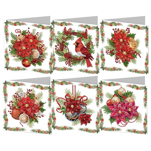 Starnearby DIY Diamond Painting Weihnachten 6 Stücke Weihnachten Karten Diamant Painting Geschenkkarte Handgefertigte Grußkarten Weihnachtskarte Strass Handwerk Grußkarte (Weihnachten Rote Blumen) von Starnearby