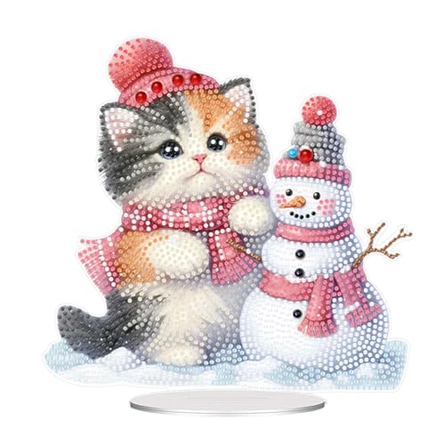 Starnearby DIY Diamond Painting Weihnachten Deko 5D Diamant Painting Tisch Deko Diamant Malerei Stehend Kunst Set Schneemann Weihnachtsbaum Ornamente Geschenke für Anfänger (Katze und Schneemann 1) von Starnearby