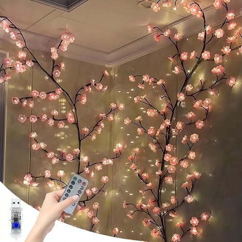 Starnearby Kirschblüten Lichterkette Willow Vine für Zimmer Wand Deko 8 Modi 1.2M 48LEDs Lichterzweige mit Fernbedienung und Timer für Schlafzimmer Deko Lichterkette Innen Weinachtsdekorationen von Starnearby