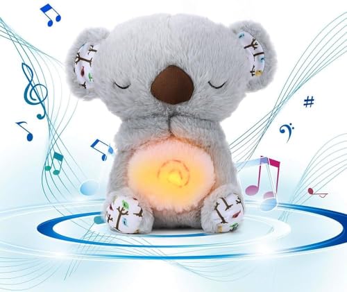 Starnearby Schlummer Koala Kuscheltier mit Herzschlag, Schlummerkoala baby mit Licht und Musik, Atmender Koala-Schlafpartner Kinder Einschlafhilfe Babys, Beruhigender Koala-Plüschpuppe (Grau) von Starnearby