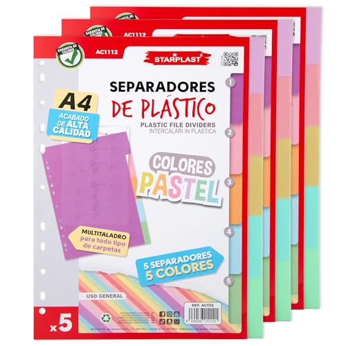 Starplast Packung mit 15 pastellfarbenen Trennblättern für Aktenordner und Mappen mit 2 bis 4 Ringen, Polypropylenregister mit Mehrfachlochung, für Schule und Büro von Starplast