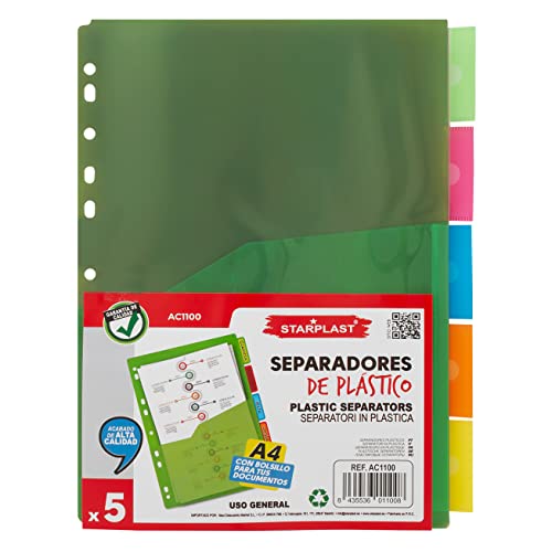 Starplast Packung mit 5 neonfarbenen Trennblättern für Aktenordner oder Mappen mit 2 bis 4 Ringen, Polypropylen-Register mit Mehrfachlochung und Innentasche, für Schule und Büro von Starplast