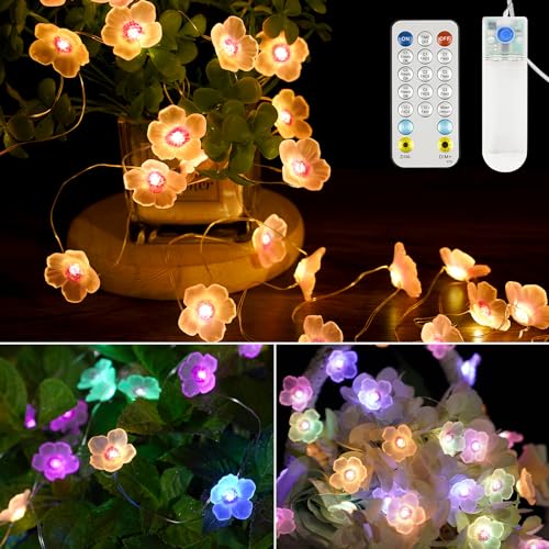 StarryEver LED Lichterkette Blumen, 3M 30er Lichterkette Batterie, Warmweiß und Mehrfarbig LED Blume Lichterkette Innen, Lichterkette für Zimmer, Lichterketten mit Fernbedienung für Garten Bäume von StarryEver