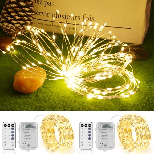 StarryEver 100er LED Lichterkette Batterie, 5M Warmweiß Lichterkette Draht Dimmbar mit Fernbedienung Timer 8 Modi, LED Stimmungslichter, Fairy Lights für Weihnachtsbaum, Kinderzimmer 2er Pack von StarryEver