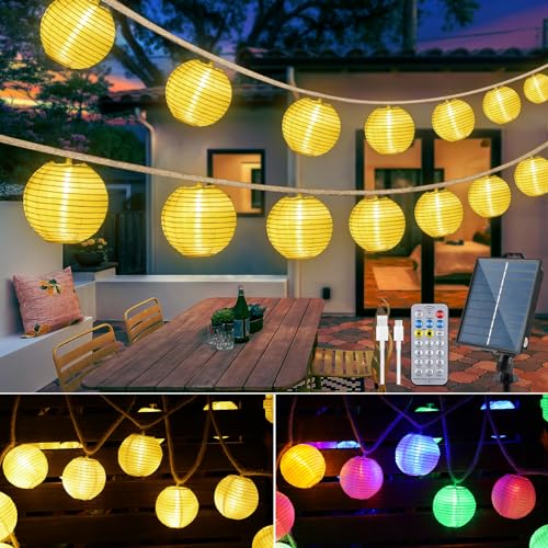 StarryEver 12M Solar Lampions Lichterkette Außen mit Fernbedienung & USB Port, Vintage Hanfseil 40er LED Lampion Lichterkette Warmweiß & Mehrfarbig, Wasserdichte Gartenbeleuchtung für Balkon Garten von StarryEver