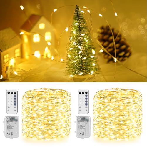 StarryEver 200er LED Lichterkette Batterie,10M Warmweiß Lichterkette Draht Dimmbar mit Fernbedienung Timer 8 Modi, LED Stimmungslichter, Fairy Lights für Weihnachtsbaum, Kinderzimmer Dekor 2er Pack von StarryEver