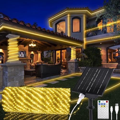 StarryEver 30M 1200 LEDs Solar Lichterschlauch Außen, 2700K Warmweiß LED Lichterkette mit Fernbedienung & USB Port, Outdoor Lichterschlauch Außen, LED Lchtschlauch für Trampolin Garten Balkon von StarryEver