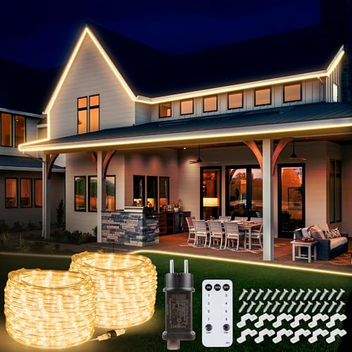 StarryEver 30m 1200 LED Schlauch Lichterkette Außen Anschließbar, Warmweiß LED Lichterschlauch Strom mit Fernbedienung Timer, 8 Modi IP68 Outdoor Lichtschlauch Strombetrieben für Outdoor Garten Balkon von StarryEver