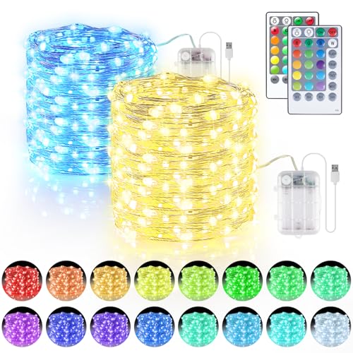 StarryEver Bunt LED Lichterkette Innen Batterie & USB, 10M 100LEDs Lichterkette Außen Batterie, 16 Farben 4 Modi LED Lichterkette Akku mit Fernbedienung, Lichterketten für zimmer Party Garten 2er Pack StarryEver Bunt LED Lichterkette Innen Batterie & USB, 10M 100LEDs Lichterkette Außen Batterie, 16 Farben 4 Modi LED Lichterkette Akku mit Fernbedienung, Lichterketten für zimmer Party Garten 2er Pack von StarryEver