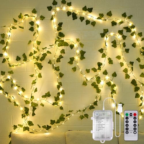 StarryEver LED Efeu Lichterkette Innen Batterie mit Fernbedienung Timer, 12M 120 LED Efeugirlande Lichterkette Außen Batterie mit Blumengirlande Hängend Pflanzen für Hochzeit Schlafzimmer Terrasse von StarryEver