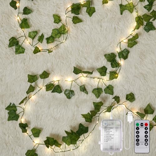 StarryEver LED Efeu Lichterkette Innen Batterie mit Fernbedienung Timer, 12M 120 LED Efeugirlande Lichterkette Außen Batterie mit Blumengirlande Hängend Pflanzen für Hochzeit Schlafzimmer Terrasse von StarryEver