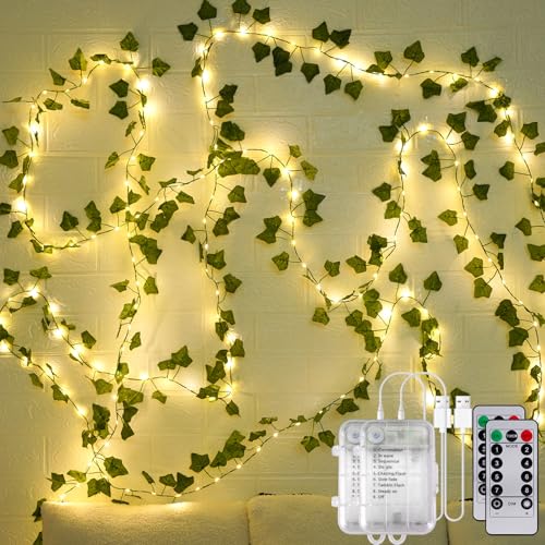 StarryEver LED Lichterkette Efeu Künstlich, 12M 120LED Efeugirlande Lichterkette Innen Batterie mit Timer, USB Lichterkette Zimmer mit Blumengirlande Hängend Pflanzen für Party Garten Balkon 2 Stück von StarryEver