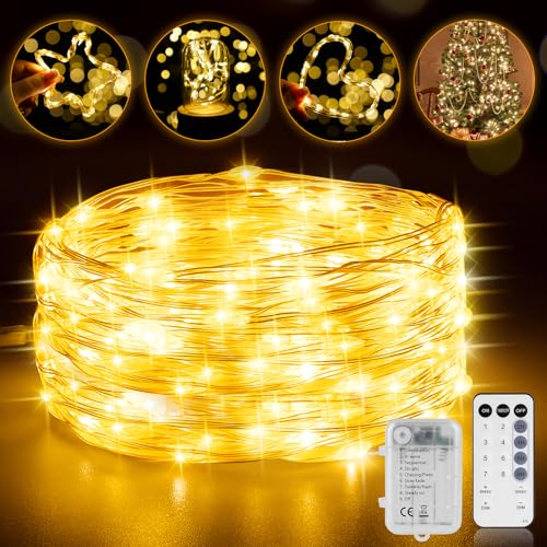 StarryEver LED Lichterkette mit Batterie, Kupferdraht LED Lichterkette Warmweiß, 10M 200 LED Lichterkette Innen mit Fernbedienung, Lichterkette Außen Batterie für Weihnachts Balkon von StarryEver