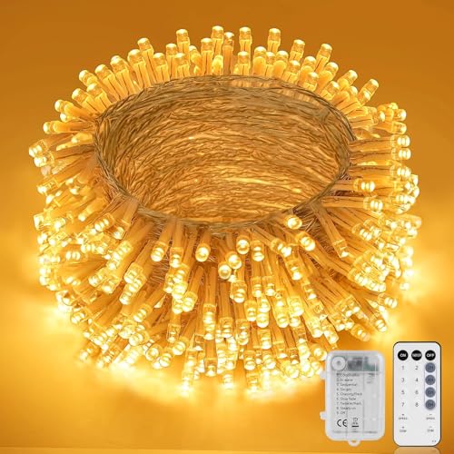 StarryEver LED Weihnachtsbeleuchtung Außen Batterie, Warmweiß Lichterkette Innen Batterie, 10M 200 LED Cluster Lichterkette Warmweiß mit Fernbedienung, Lichterkette Akku für Weihnachten Balkon Dekor von StarryEver