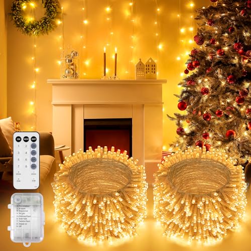 StarryEver LED Lichterkette mit Batterie, Cluster Lichterkette Warmweiß Außen, 10M 200 LED Lichterkette Innen mit Fernbedienung, Batterie Lichterkette Kinderzimmer für Weihnachten Balkon 2er Pack von StarryEver