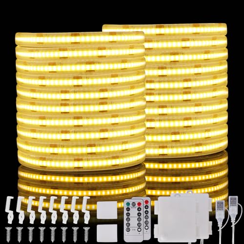 StarryEver LED Streifen Batterie 3000K Warmweiß, 2m 640 LED COB LED Strips, IP67 Flexible LED Strip Batteriebetrieben & USB mit Fernbedienung für Schließfächer Schränke Waschtische Badezimmer 2 Stück von StarryEver