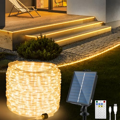 StarryEver Solar LED Schlauch, 15M 600LEDs 2700K Warmweiß Lichtschlauch Außen mit IP68 Wetterfest USB Ladefunktion Fernbedienung Solar Lichterkette Outdoor für Party Trampolin Garten Balkon Deko von StarryEver