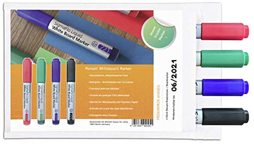 FRISCHEPACK Whiteboard Marker - Immer frische Marker! - 4 Stk. mit Frischesiegel Monami Sigmaflo Liquid (4 Farben) Keilspitze chisel tip von Staufen