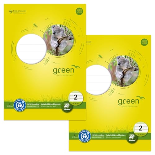 Staufen Green Arbeitsblätterblock - DIN A4, Lineatur 2 (4/4/4 mm liniert, farbig hinterlegte Lineatur), 2 Blöcke je 50 Blatt, 4-fach Lochung, 80 g/m² Recyclingpapier von Staufen