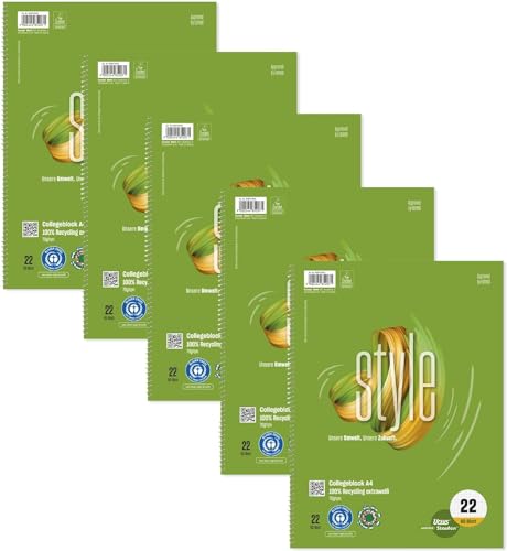 Staufen Ursus Style Collegeblock, 5 Stück, DIN A4, Lineatur 22 (5mm kariert), 80 Blatt, 4-fach Lochung, premiumweißes 70g/m² Recyclingpapier, Green von Staufen