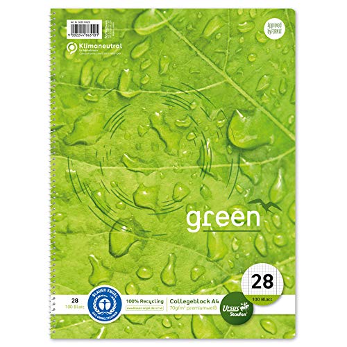 Staufen Green Collegeblock - DIN A4, Lineatur 28 (kariert mit Randlinien), 100 Blatt, 4-fach Lochung, premiumweißes 70g/m² Recyclingpapier, 1 Stück von Staufen