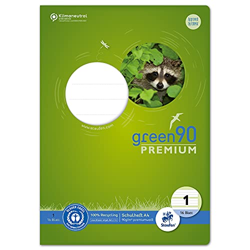 Staufen Green Heft - DIN A4, Lineatur 1 (5/5/5mm liniert farbig), 16 Blatt, 90g/m² Recyclingpapier, runde Ecken verhindern „Eselsohren“, 4 verschiedene Motive (keine Auswahl möglich), 1 Stück von Staufen