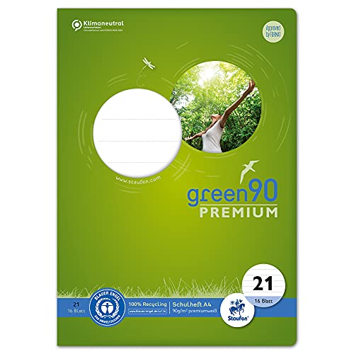 Staufen Green Heft - DIN A4, Lineatur 21 (9mm liniert), 16 Blatt, premiumweißes 90g/m² Recyclingpapier, runde Ecken verhindern „Eselsohren“, 4 verschiedene Motive (keine Auswahl möglich), 1 Stück von Staufen