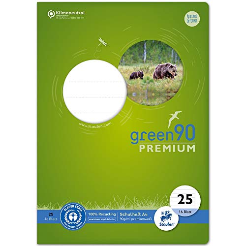 Staufen Green Heft - DIN A4, Lineatur 25 (liniert mit Rand), 16 Blatt, premiumweißes 90g/m² Recyclingpapier, runde Ecken verhindern „Eselsohren“, 4 verschiedene Motive (keine Auswahl möglich), 1 Stück von Staufen