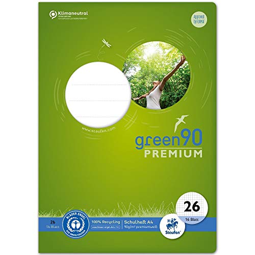 Staufen Green Heft - DIN A4, Lineatur 26 (kariert mit Rand), 16 Blatt, premiumweißes 90g/m² Recyclingpapier, runde Ecken verhindern „Eselsohren“, 4 verschiedene Motive (keine Auswahl möglich), 1 Stück von Staufen