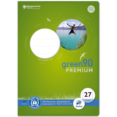 Staufen Green Heft - DIN A4, Lineatur 27 (9mm liniert mit Randlinien), 16 Blatt, premiumweißes 90g/m² Recyclingpapier, runde Ecken verhindern „Eselsohren“, 1 Stück von Staufen