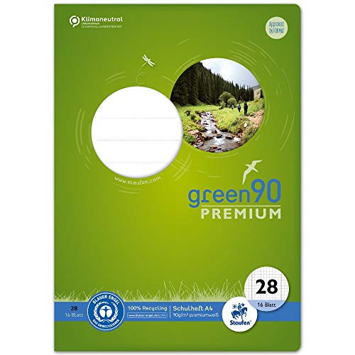 Staufen Green Heft - DIN A4, Lineatur 28 (5mm kariert mit Randlinien), 16 Blatt, premiumweißes 90g/m² Recyclingpapier, runde Ecken verhindern „Eselsohren“, 1 Stück von Staufen