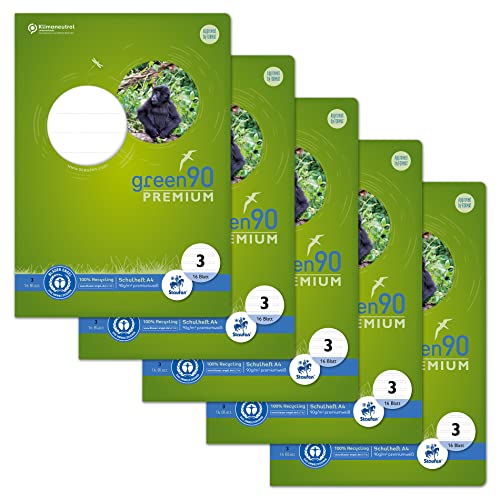 Staufen Green Heft - DIN A4, Lineatur 3 (14 Doppellinien), 16 Blatt, premiumweißes 90 g/m² Recyclingpapier, runde Ecken verhindern „Eselsohren“, 4 verschiedene Motive (keine Auswahl möglich), 5 Stück von Staufen