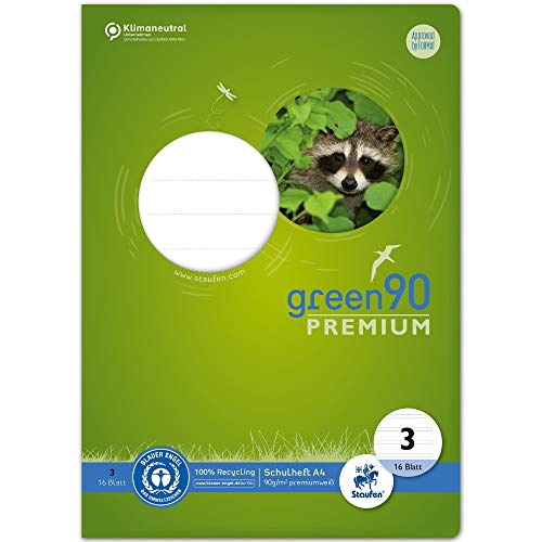 Staufen Green Heft - DIN A4, Lineatur 3 (14 Doppellinien), 16 Blatt, premiumweißes 90 g/m² Recyclingpapier, runde Ecken verhindern „Eselsohren“, 4 verschiedene Motive (keine Auswahl möglich), 1 Stück von Staufen